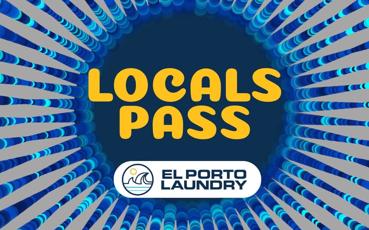 El Porto Laundry Locals Pass card — yellow bubble lettering over a navy sunburst of blue and cyan rays